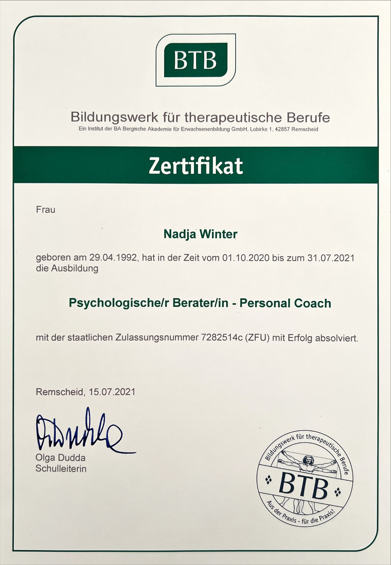 Zertifikat Psychologische Beraterin – Personal Coach