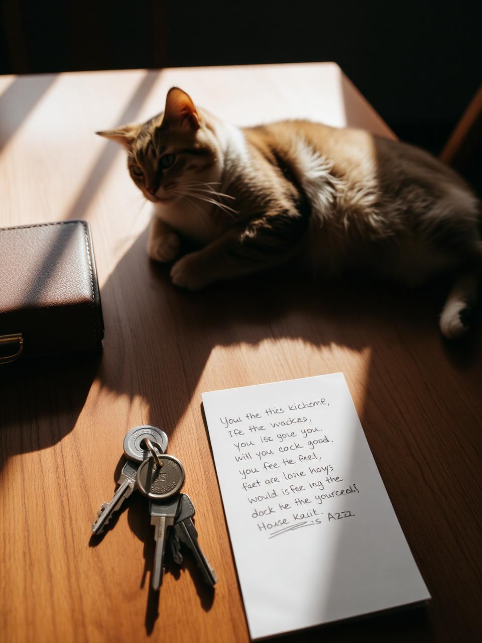 Hausschlüssel und Notiz auf einem Holztisch, daneben eine Katze in der Morgensonne
