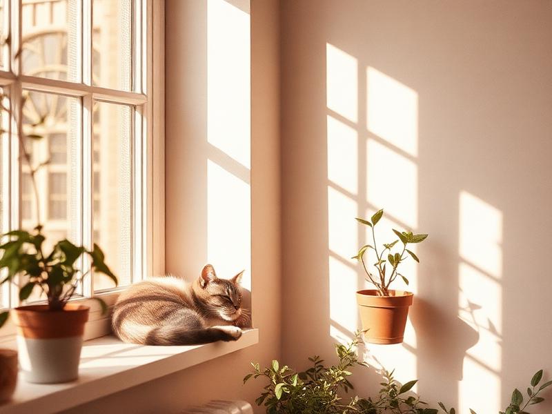 Sonnendurchflutetes Zimmer mit schlafender Katze am Fenster