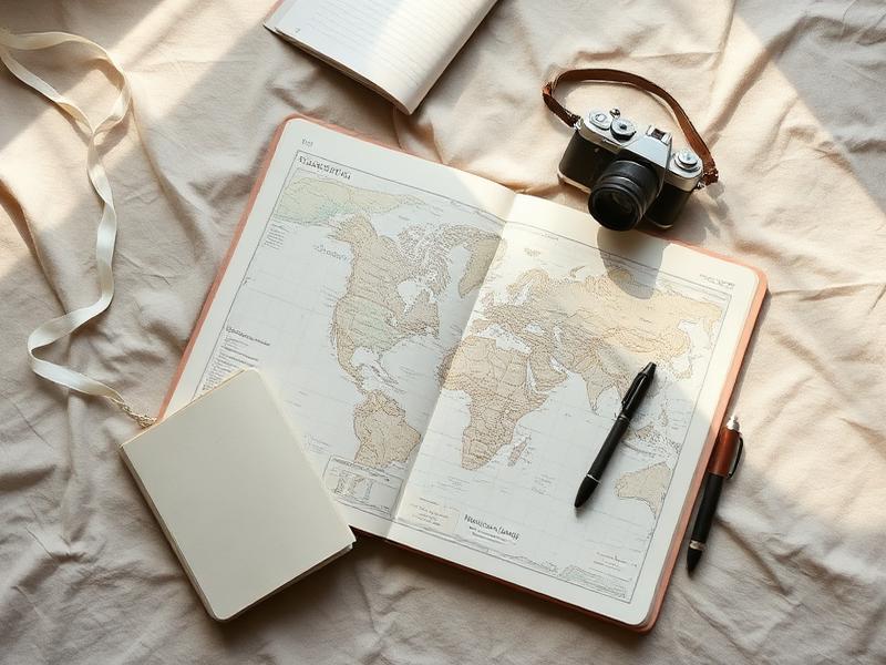 Aufgeschlagene Landkarte mit Notizbuch und Kamera