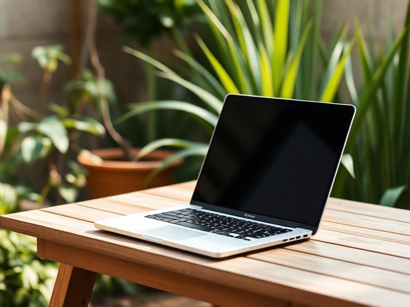 Laptop auf einem Holztisch im Garten