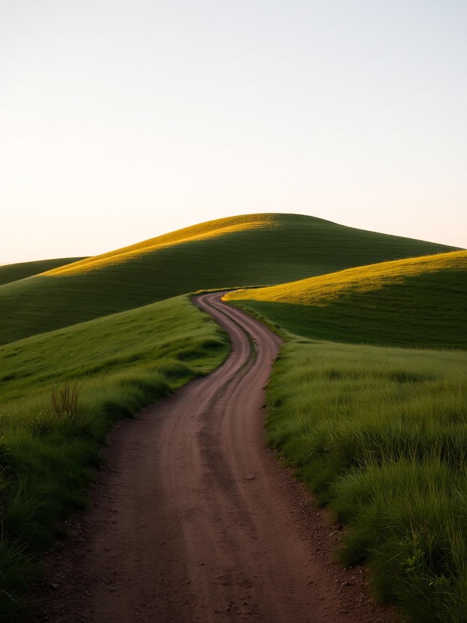 Geschwungener Feldweg durch grüne Hügel im Abendlicht