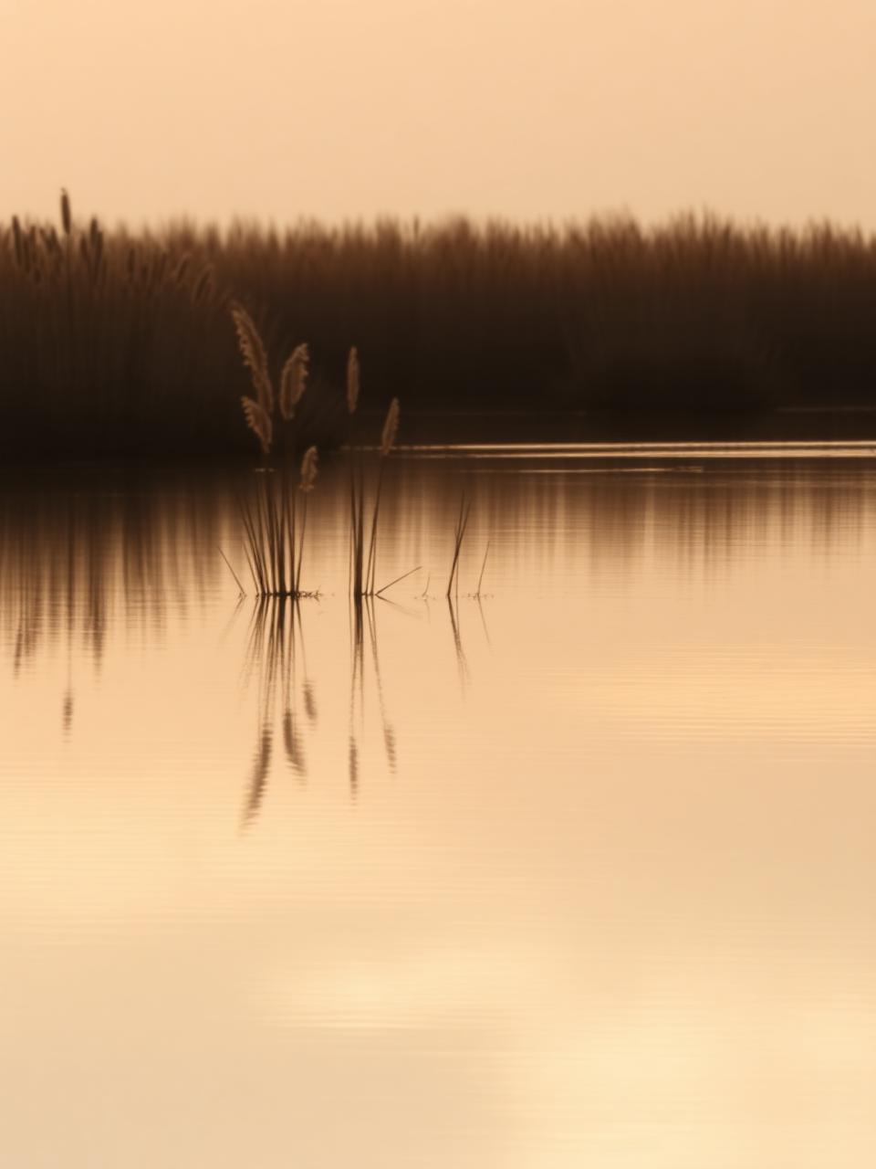 Stilles Wasser mit Schilf im warmen Abendlicht